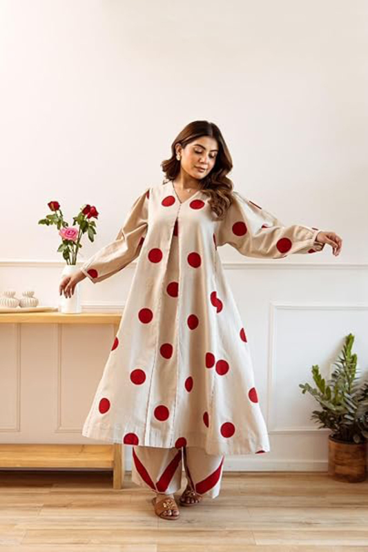 Priya's Panache Cotton Polka Dots Traditional Kurti with Pant and Dupatta Set