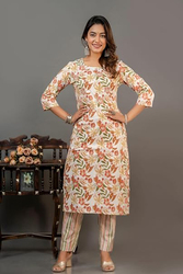 Priya's Panache Floral Print Cotton Traditional Kurti with Pant and Dupatta Set