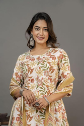 Priya's Panache Floral Print Cotton Traditional Kurti with Pant and Dupatta Set