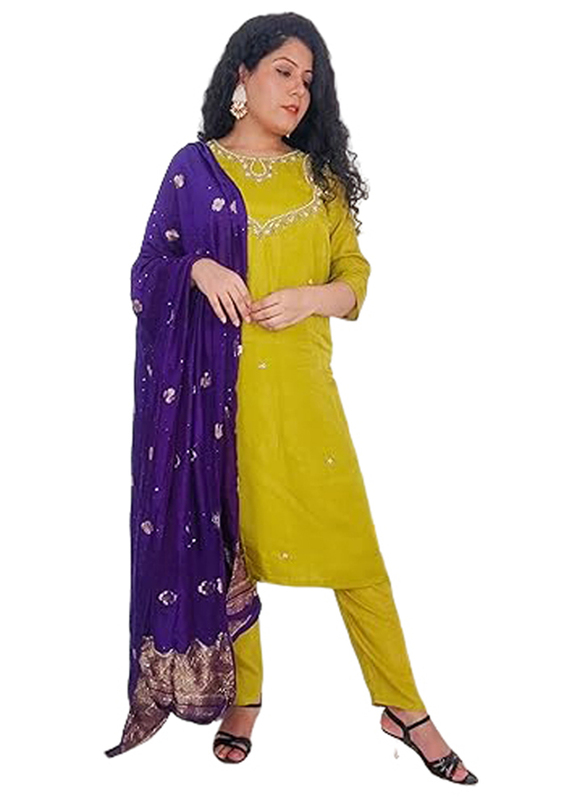 Priya's Panache Beautiful Silk Kurti Pant Suit Set with Muslin Dupatta Set