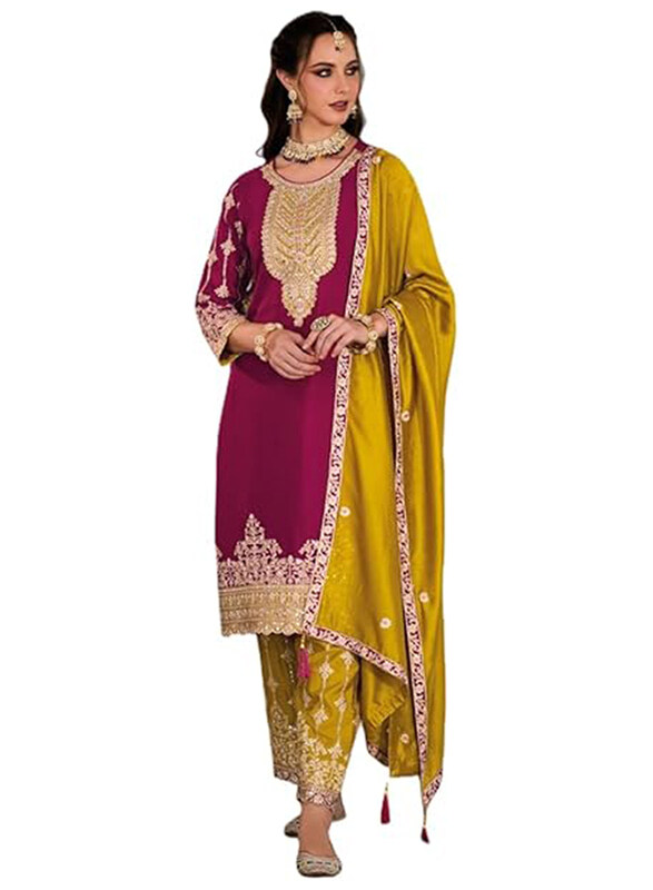 

Priya's Panache Embroidery Work Silk Kurta, Pants and Dupatta Set