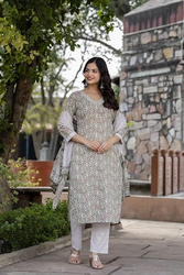 Priya's Panache Printed Cotton Traditional Kurti with Pant and Dupatta Set