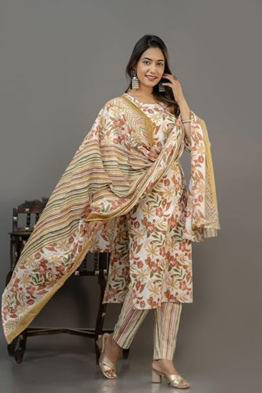 Priya's Panache Floral Print Cotton Traditional Kurti with Pant and Dupatta Set