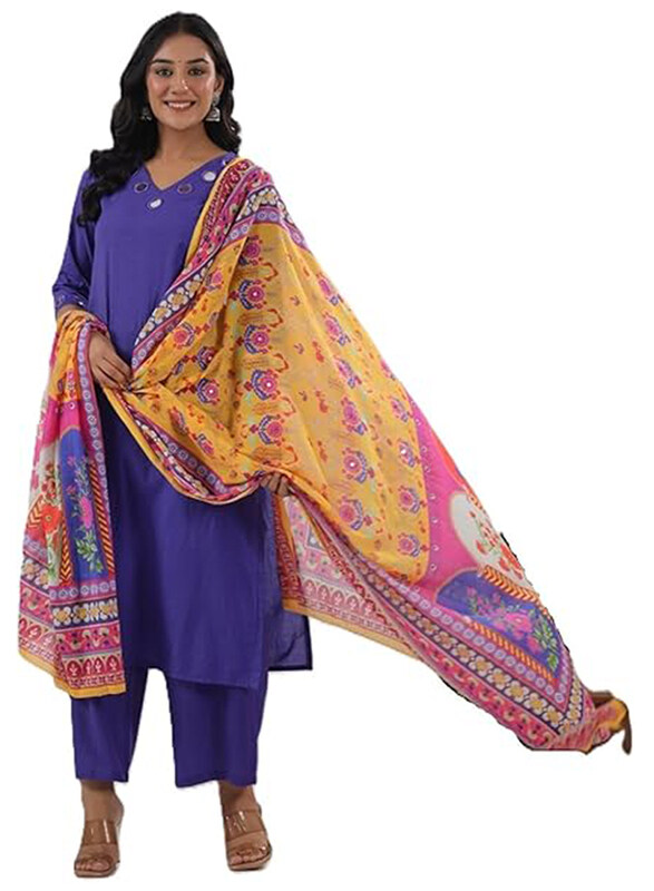 

Priya's Panache Cotton Traditional Kurti with Pant and Multicolour Dupatta Set