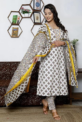 Priya's Panache Printed Cotton Traditional Kurti with Pant and Dupatta Set