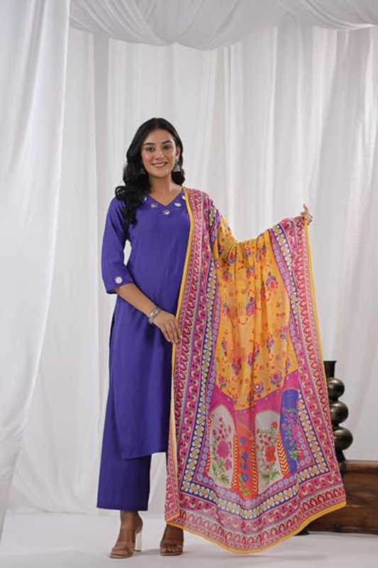 Priya's Panache Cotton Traditional Kurti with Pant and Multicolour Dupatta Set