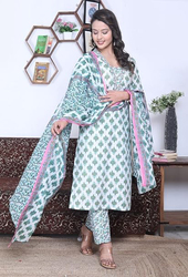 Priya's Panache Printed Cotton Traditional Kurti with Pant and Dupatta Set