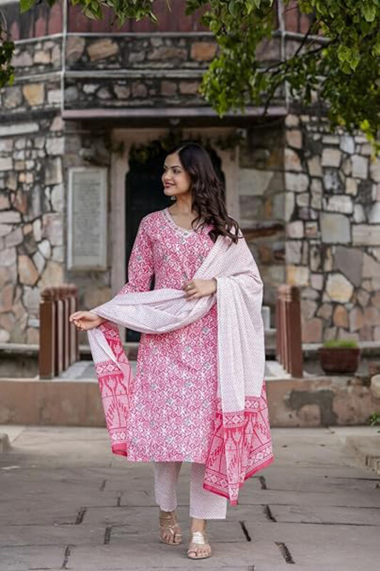 Priya's Panache Printed Cotton Traditional Kurti with Pant and Dupatta Set