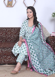 Priya's Panache Printed Cotton Traditional Kurti with Pant and Dupatta Set