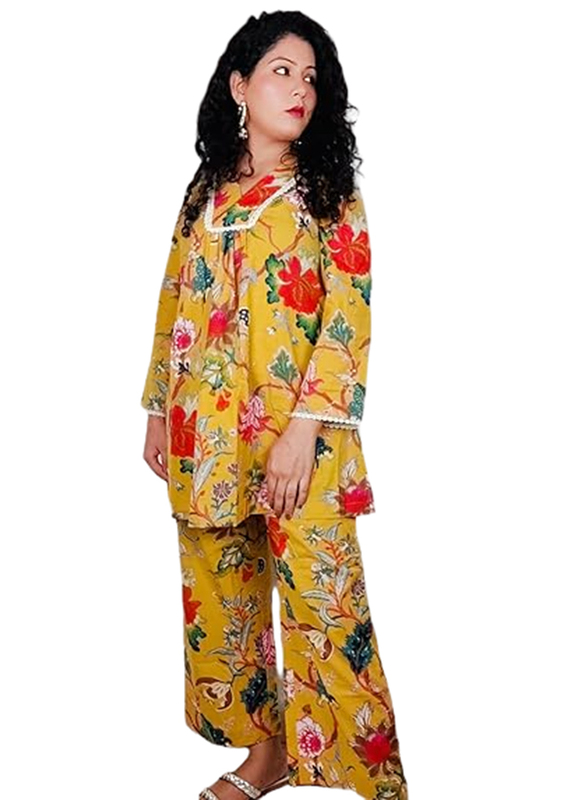 Priya's Panache Cotton Floral Prints Traditional Kurti with Pant and Dupatta Set