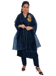 Priya's Panache Collared Straight Kurta Pant Set with Organza Dupatta Set