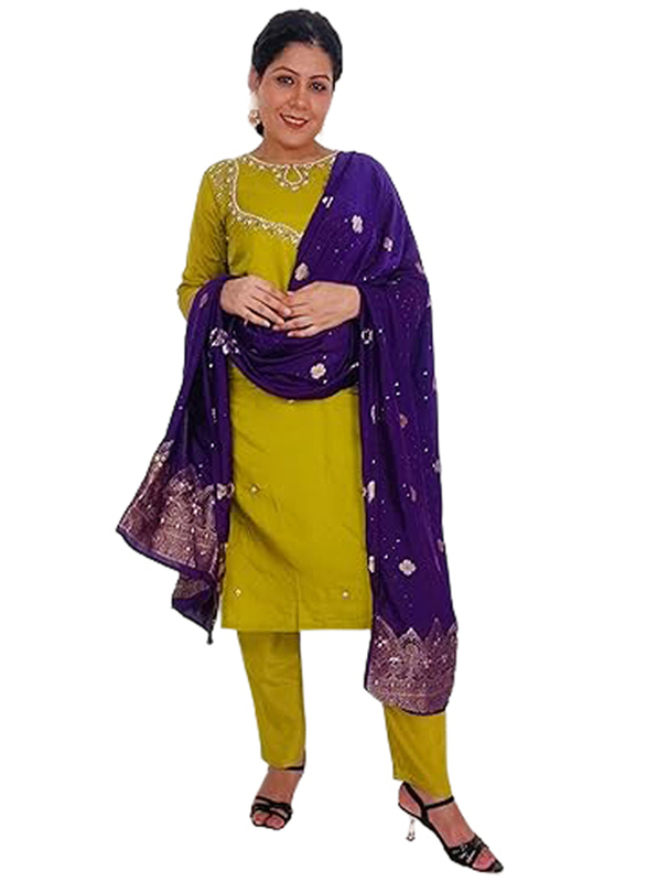 Priya's Panache Beautiful Silk Kurti Pant Suit Set with Muslin Dupatta Set