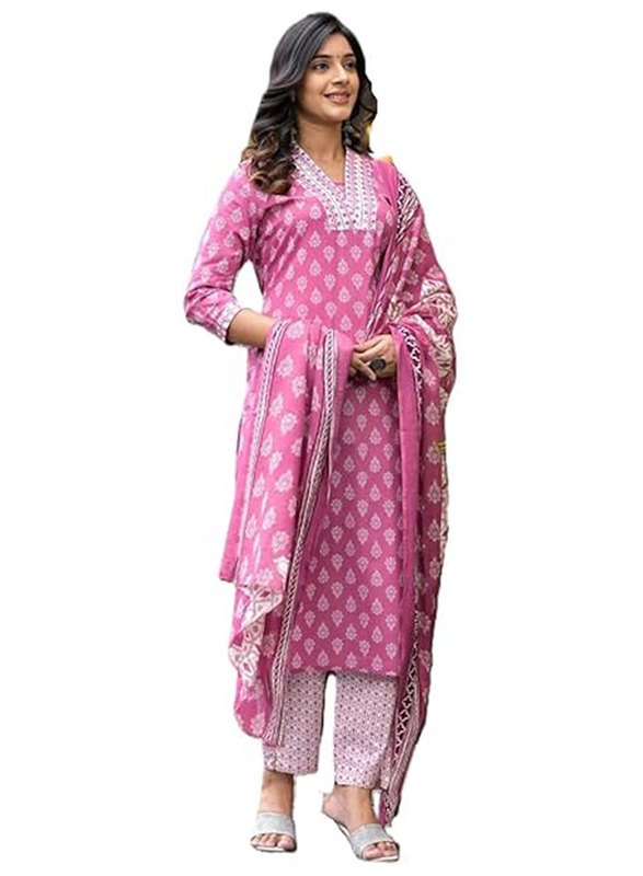 Priya's Panache Premium Printed Cotton Traditional Kurti with Pant and Dupatta Set