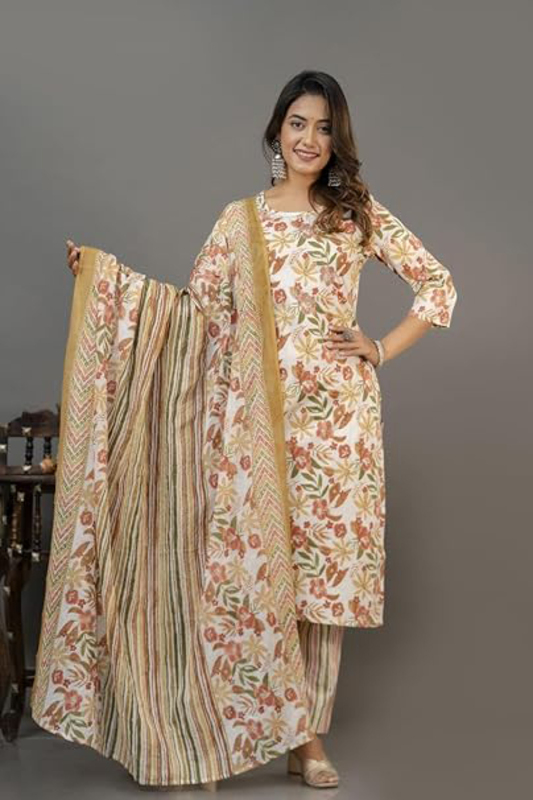 Priya's Panache Floral Print Cotton Traditional Kurti with Pant and Dupatta Set