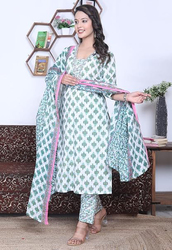 Priya's Panache Printed Cotton Traditional Kurti with Pant and Dupatta Set