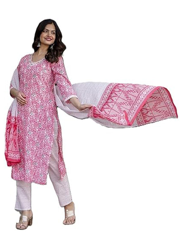 Priya's Panache Printed Cotton Traditional Kurti with Pant and Dupatta Set