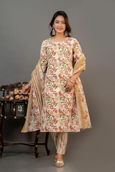 Priya's Panache Floral Print Cotton Traditional Kurti with Pant and Dupatta Set