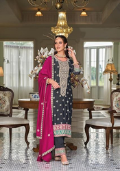 Priya's Panache Embroidery Work Silk Kurta, Pants and Dupatta Set