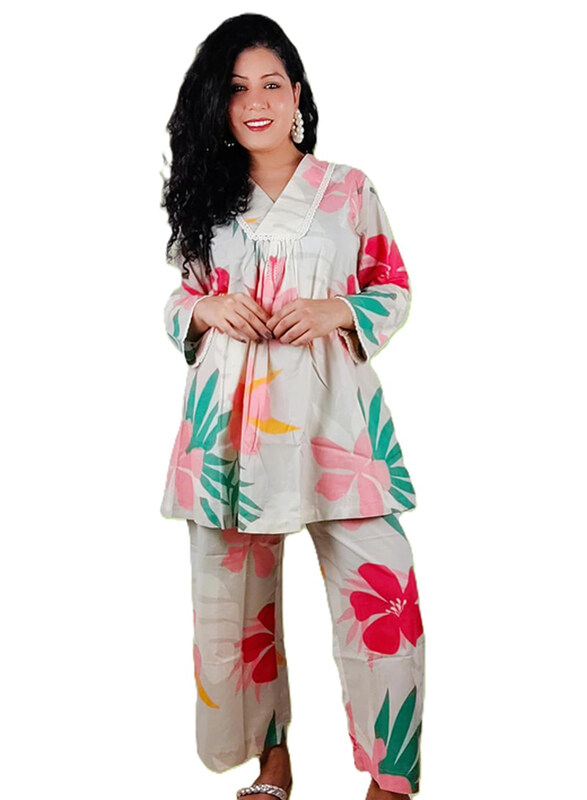 Priya's Panache Cotton Floral Prints Traditional Kurti with Pant and Dupatta Set