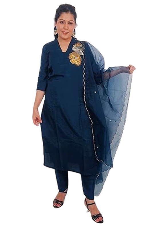 Priya's Panache Collared Straight Kurta Pant Set with Organza Dupatta Set