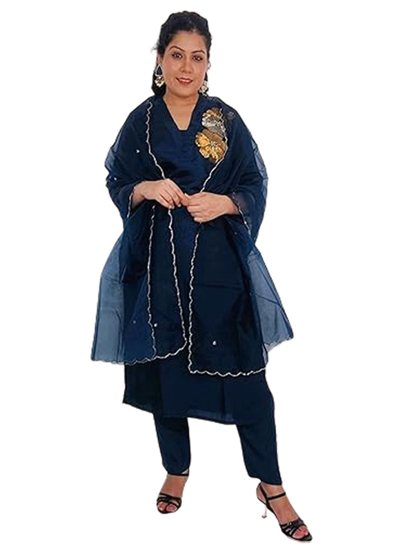 Priya's Panache Collared Straight Kurta Pant Set with Organza Dupatta Set