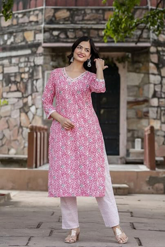 Priya's Panache Printed Cotton Traditional Kurti with Pant and Dupatta Set