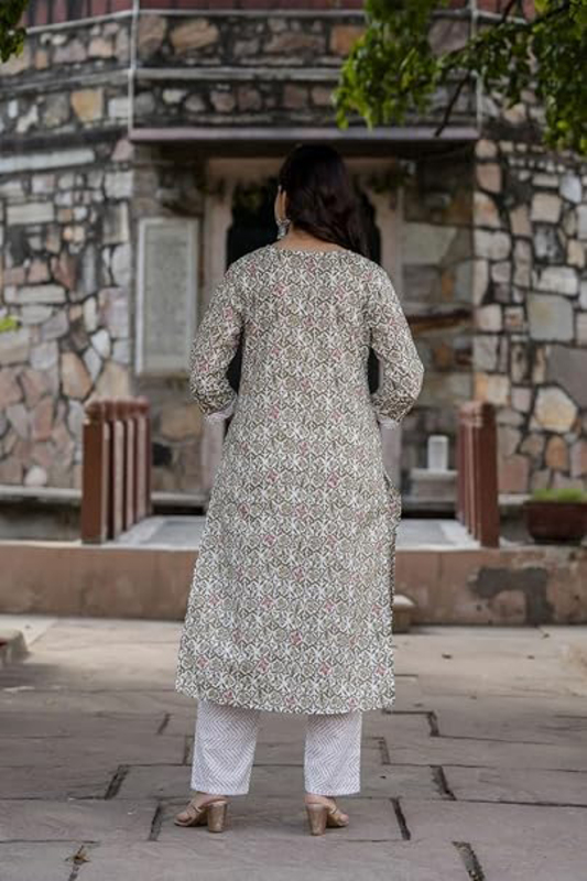 Priya's Panache Printed Cotton Traditional Kurti with Pant and Dupatta Set