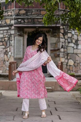 Priya's Panache Printed Cotton Traditional Kurti with Pant and Dupatta Set