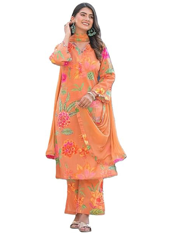 Priya's Panache Floral Print Cotton Traditional Kurti with Pant and Dupatta Set