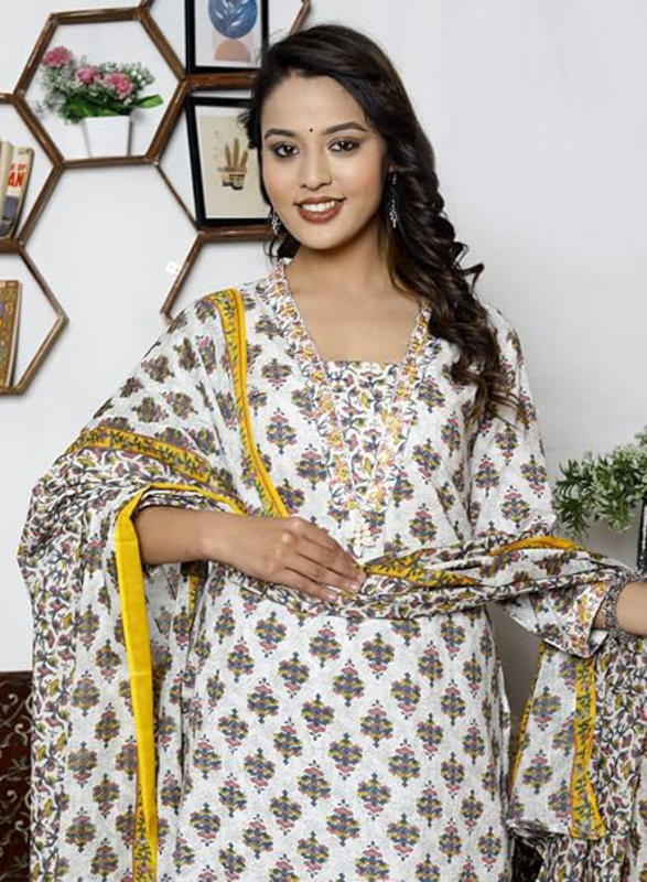 Priya's Panache Printed Cotton Traditional Kurti with Pant and Dupatta Set