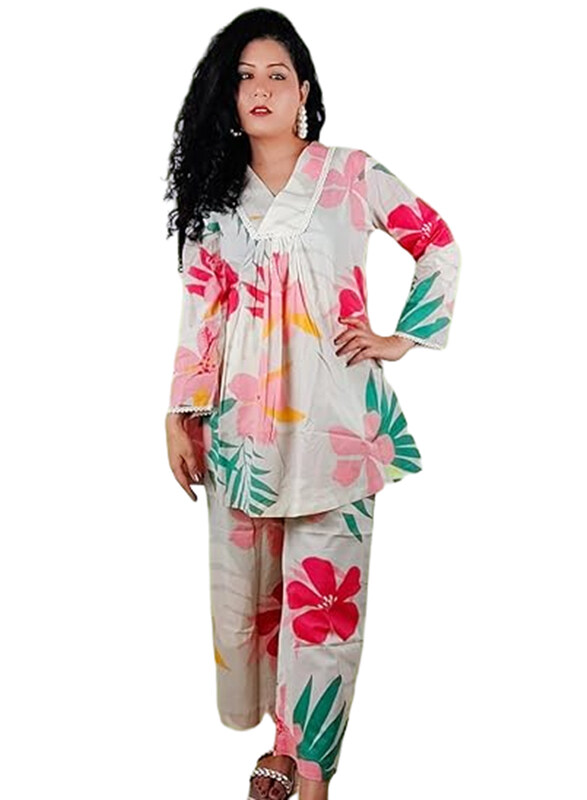 Priya's Panache Cotton Floral Prints Traditional Kurti with Pant and Dupatta Set