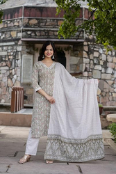 Priya's Panache Printed Cotton Traditional Kurti with Pant and Dupatta Set