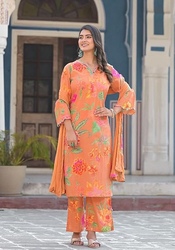 Priya's Panache Floral Print Cotton Traditional Kurti with Pant and Dupatta Set