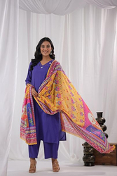 Priya's Panache Cotton Traditional Kurti with Pant and Multicolour Dupatta Set