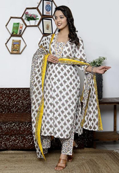 Priya's Panache Printed Cotton Traditional Kurti with Pant and Dupatta Set