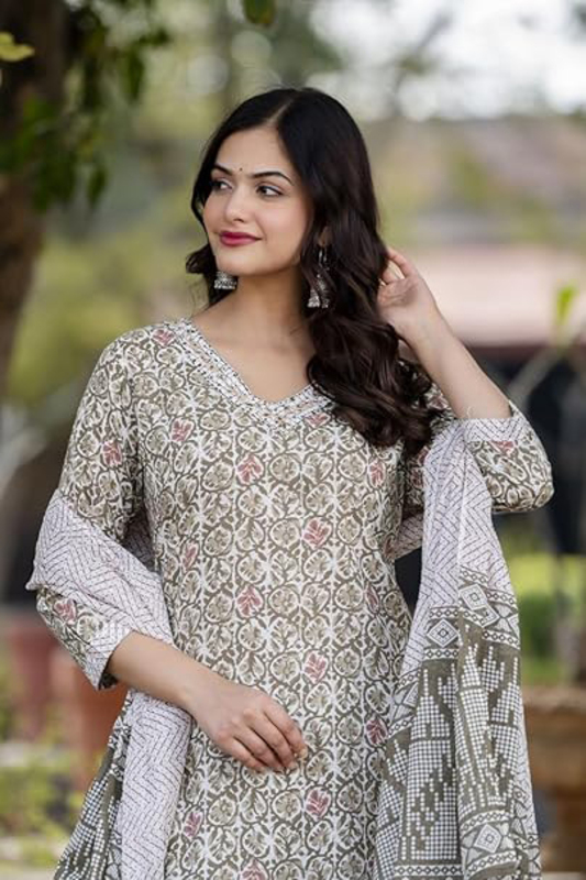 Priya's Panache Printed Cotton Traditional Kurti with Pant and Dupatta Set