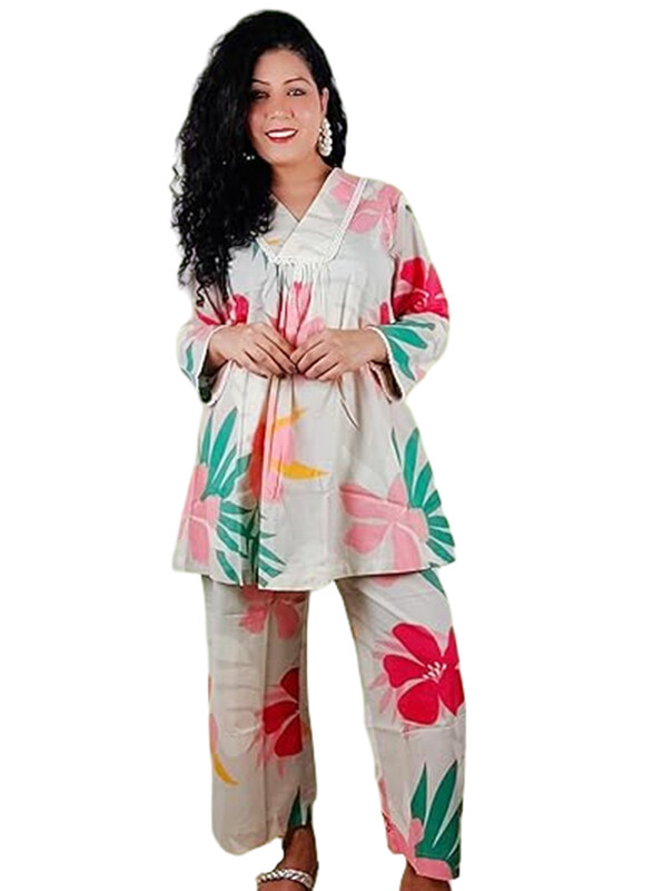 Priya's Panache Cotton Floral Prints Traditional Kurti with Pant and Dupatta Set