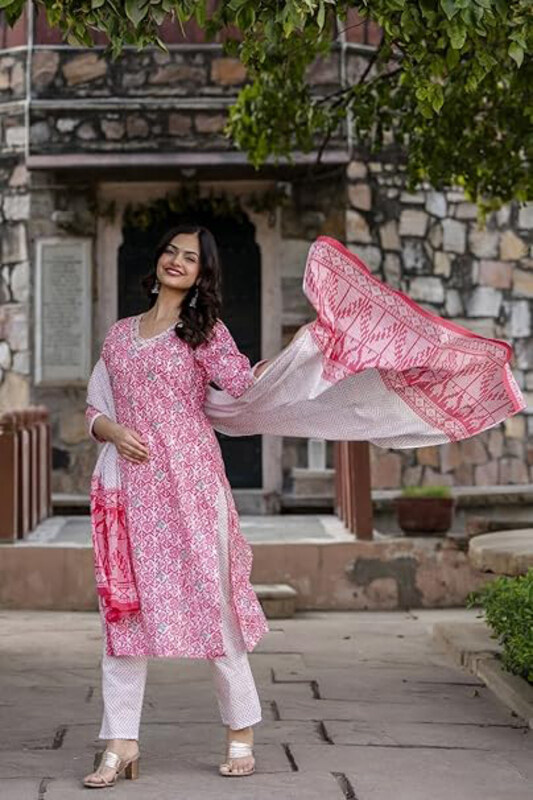 Priya's Panache Printed Cotton Traditional Kurti with Pant and Dupatta Set