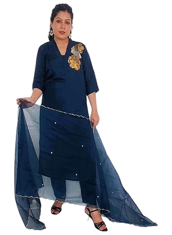 Priya's Panache Collared Straight Kurta Pant Set with Organza Dupatta Set