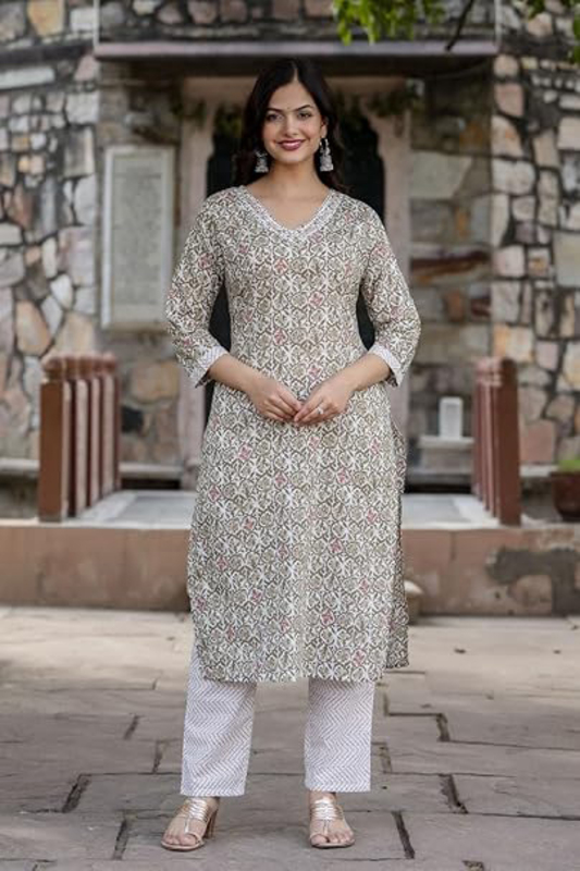 Priya's Panache Printed Cotton Traditional Kurti with Pant and Dupatta Set