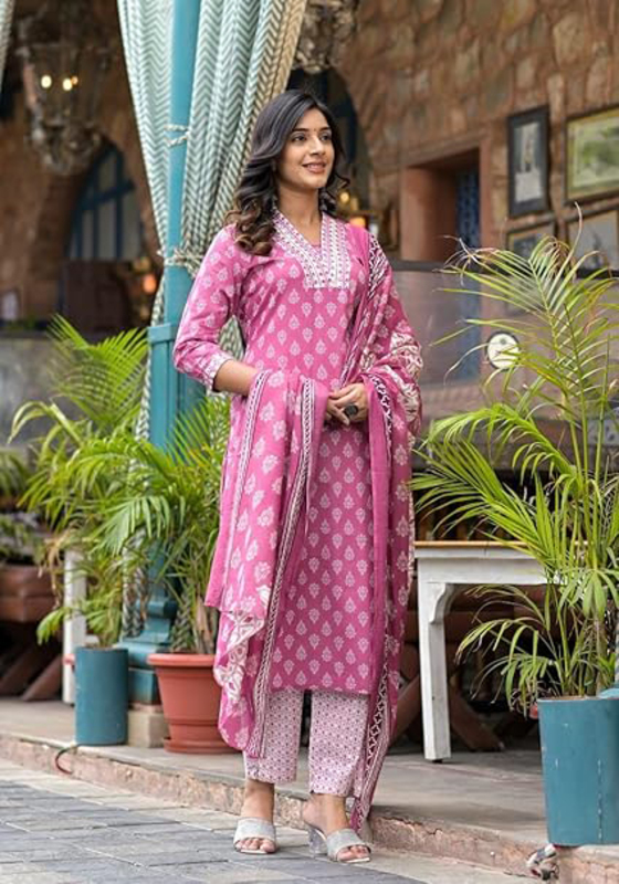 Priya's Panache Premium Printed Cotton Traditional Kurti with Pant and Dupatta Set