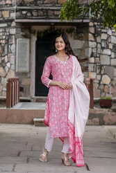 Priya's Panache Printed Cotton Traditional Kurti with Pant and Dupatta Set