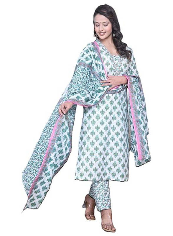 Priya's Panache Printed Cotton Traditional Kurti with Pant and Dupatta Set