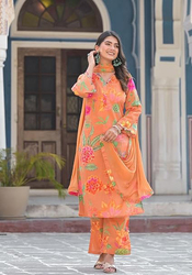 Priya's Panache Floral Print Cotton Traditional Kurti with Pant and Dupatta Set