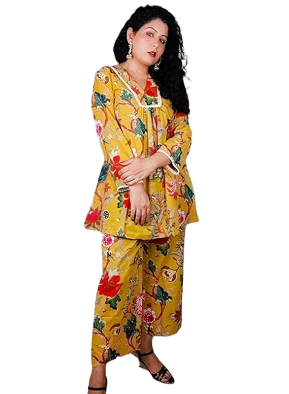 Priya's Panache Cotton Floral Prints Traditional Kurti with Pant and Dupatta Set