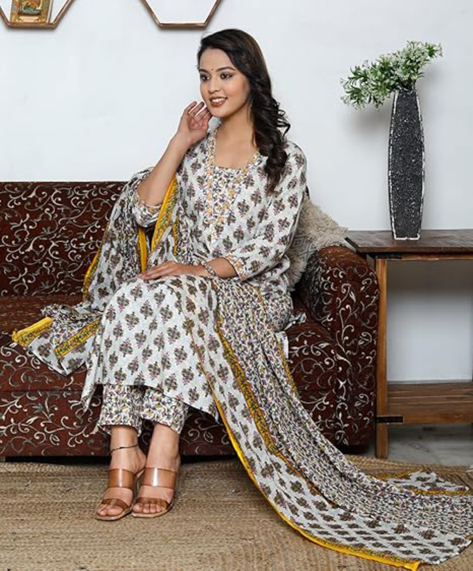 Priya's Panache Printed Cotton Traditional Kurti with Pant and Dupatta Set