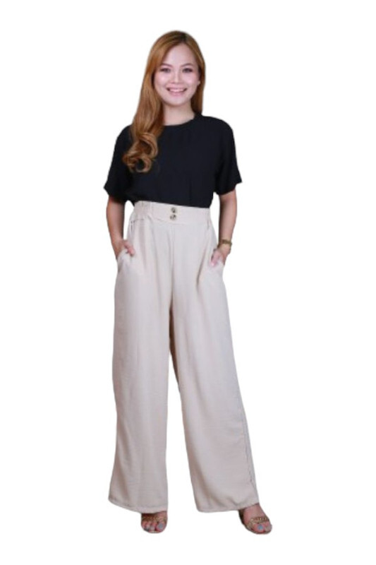 Veronica Women's High-Waisted Wide-Leg Pants with Button- Beige - Large