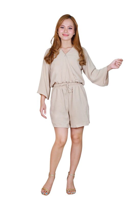 Women's Overlapping Crop Top and Shorts Co-ord Set- Beige - Large