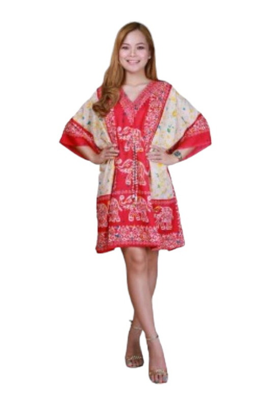 Veronica Short Floral Kaftan Dress- Red- Freesize