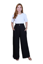 Veronica Women's High-Waisted Wide-Leg Pants with Button- Black - Medium